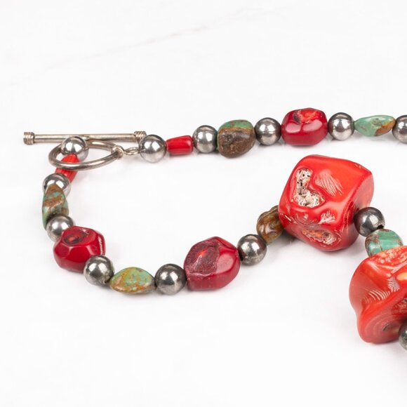 Turquoise and Chunky Red Coral  & Silver Bead Statement Vintage Necklace - Picture 5 of 8